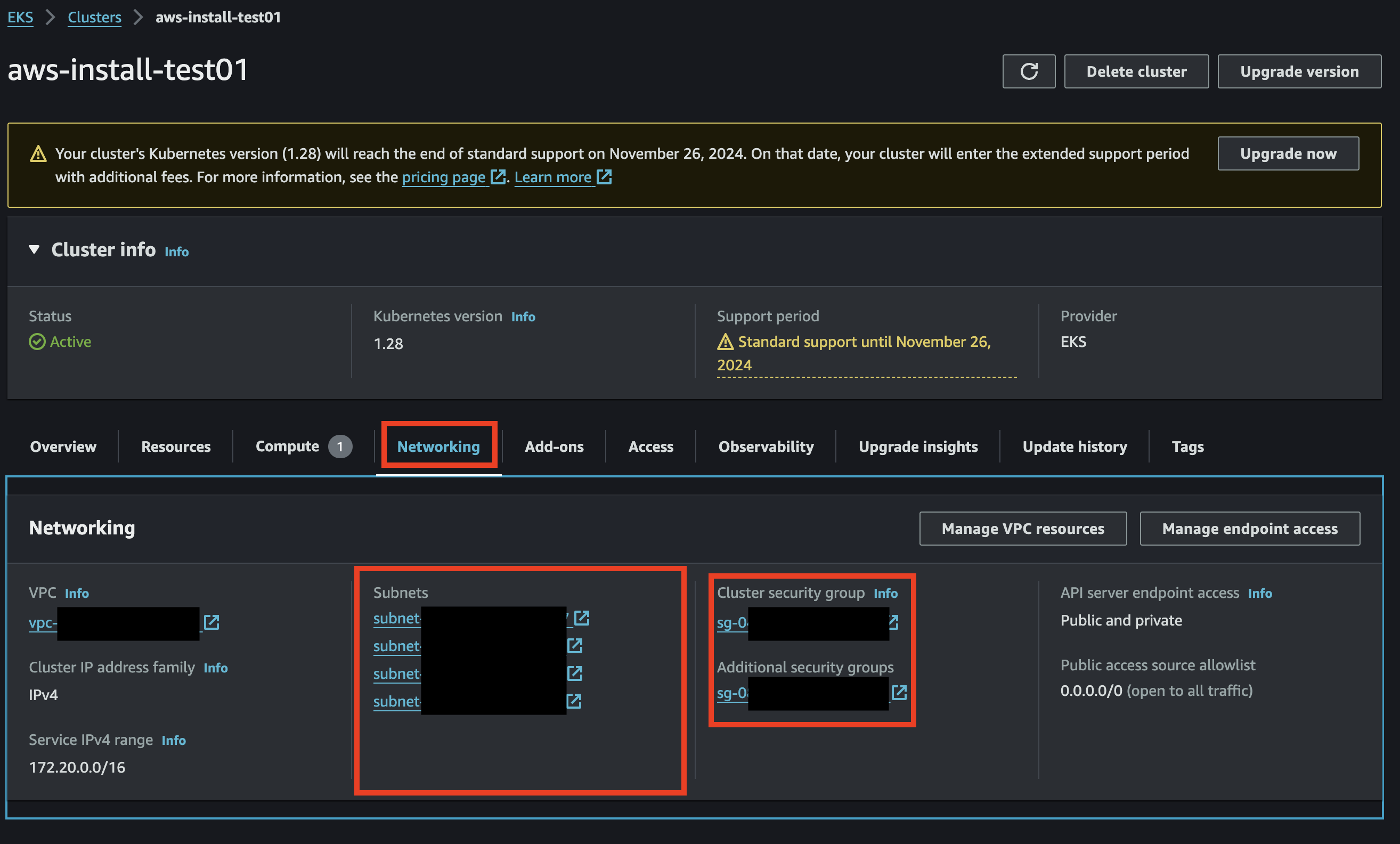 Cluster > Networking tab